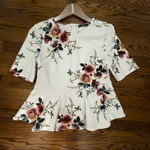 Floral Peplum Top White with Flowers Size L